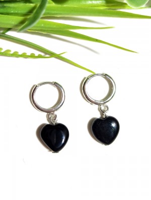 Серьги сердечки с черным агатом