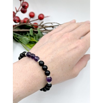 Браслет из оникса, аметиста и агата матового