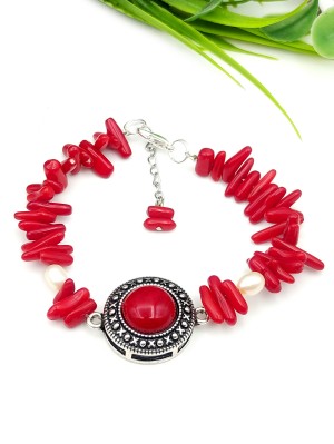 Браслет из красных кораллов с персиковым жемчугом Браслет из красных кораллов с персиковым жемчугом