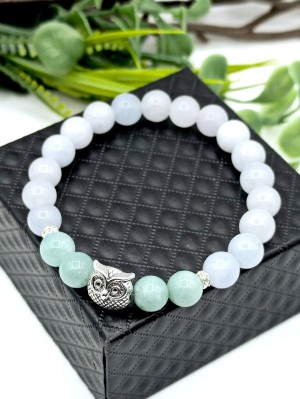 Браслет с совой из мятного кварца и берилла