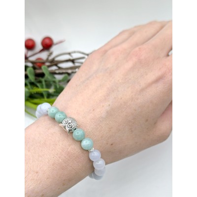 Браслет с совой из мятного кварца и берилла