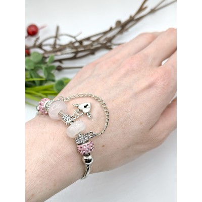 Браслет в стиле Пандора с розовым кварцем