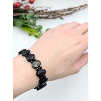Браслет из серебристого и золотистого обсидиана и шпинели