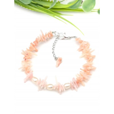 Браслет с персиково-розовыми кораллами и жемчугом