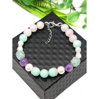 Браслет с морским жемчугом высшего класса, лунным камнем, розовым кварцем, мятным кварцем и аметистом