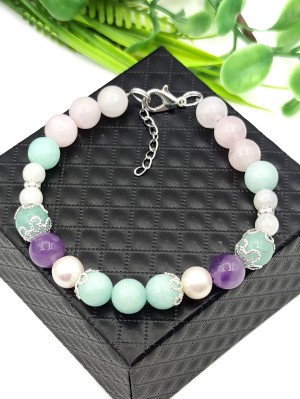Браслет с морским жемчугом высшего класса, лунным камнем, розовым кварцем, мятным кварцем и аметистом