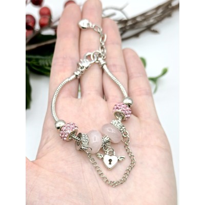 Браслет в стиле Пандора с розовым кварцем