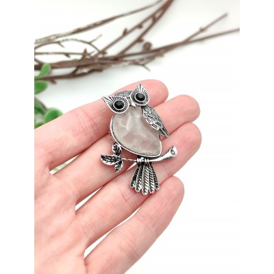Брошь-подвеска Сова с розовым кварцем