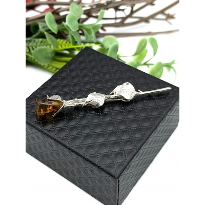 Брошь посеребренная роза из янтаря