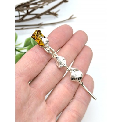 Брошь посеребренная роза из янтаря