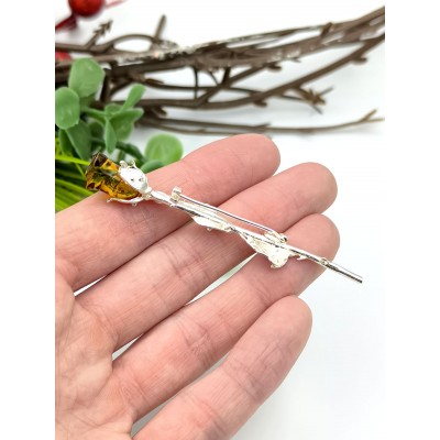 Брошь посеребренная роза из янтаря