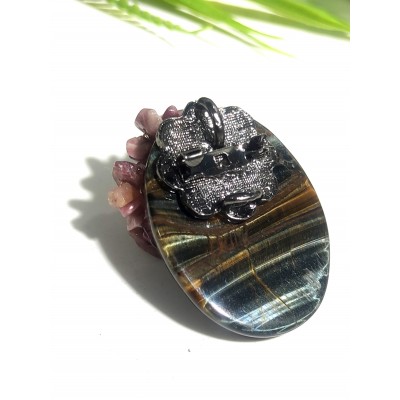 Брошь-подвеска с тигровым, соколиным глазом и розовым турмалином