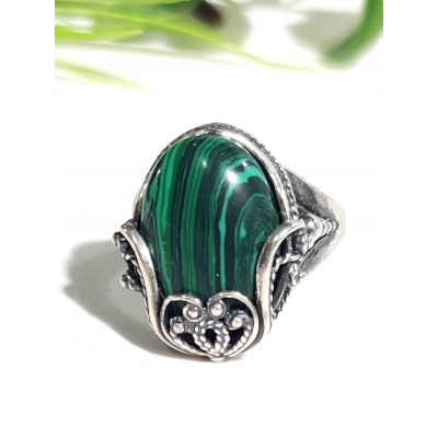 Кольцо посеребренное с малахитом (синтетическим)