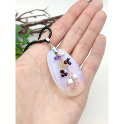 Подвеска с лунным камнем (синтетическим), жемчугом, цитрином, розовым кварцем, аметистом, гранатом