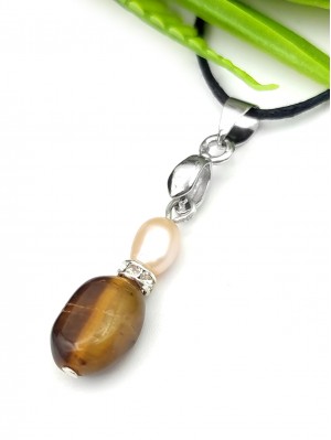 Подвеска с тигровым глазом и персиковым жемчугом