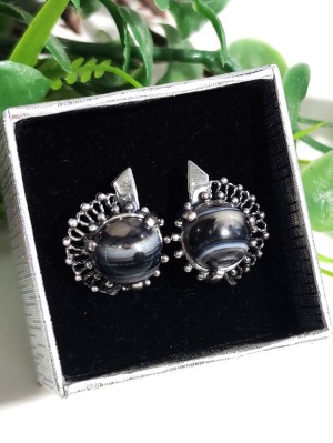 Серьги посеребренные с арабским ониксом (черным агатом)
