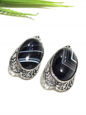 Серьги посеребренные с арабским ониксом (черным агатом)