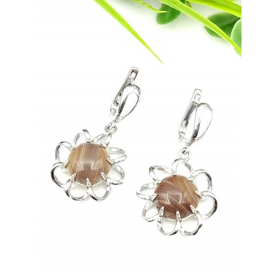 Серьги посеребренные с бежево-коричневым ботсванским агатом