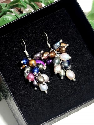 Серьги посеребренные с разноцветным жемчугом