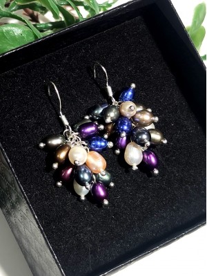 Серьги посеребренные с разноцветным жемчугом