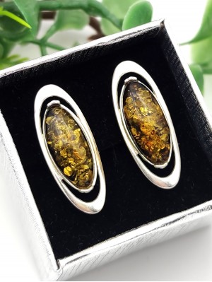 Серьги посеребренные с зеленым янтарем
