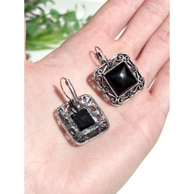 Серьги с черным агатом