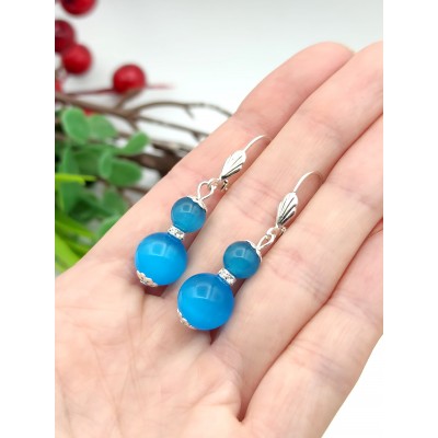 Серьги с голубым кошачьим глазом и фианитами