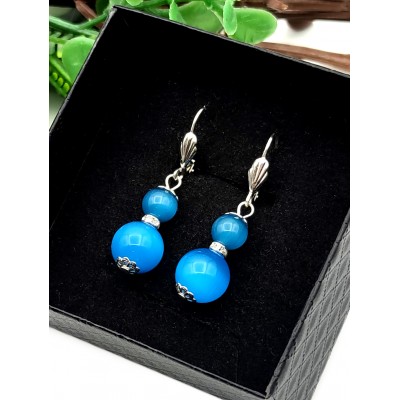 Серьги с голубым кошачьим глазом и фианитами