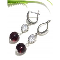 Серьги посеребренные с красным янтарем и фианитом