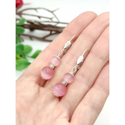 Серьги с розовым кошачьим глазом и фианитами