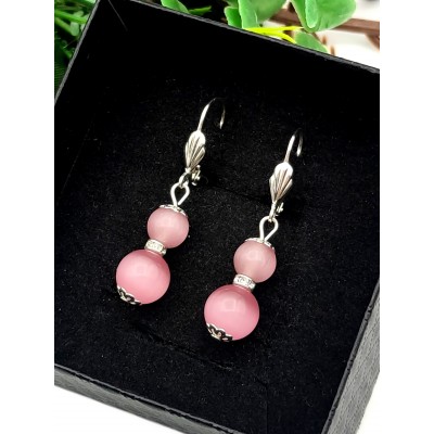 Серьги с розовым кошачьим глазом и фианитами