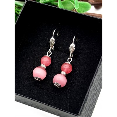 Серьги с розовым кошачьим глазом и фианитами