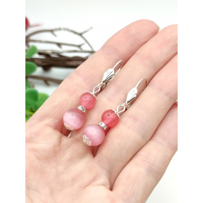 Серьги с розовым кошачьим глазом и фианитами