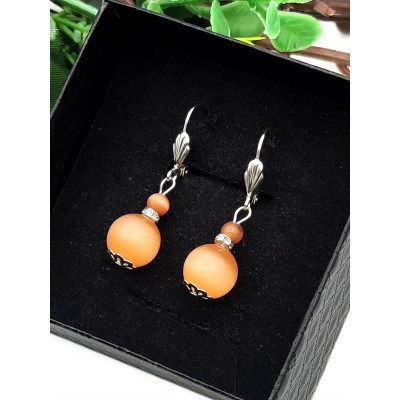 Серьги с оранжевым кошачьим глазом и фианитами