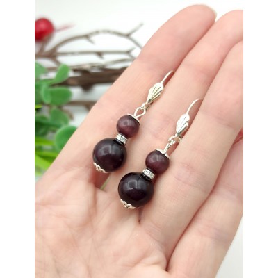 Серьги с фиолетовым кошачьим глазом и фианитами