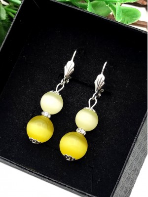 Серьги с желтым кошачьим глазом и фианитами