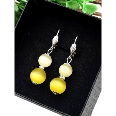 Серьги с желтым кошачьим глазом и фианитами
