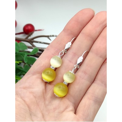 Серьги с желтым кошачьим глазом и фианитами