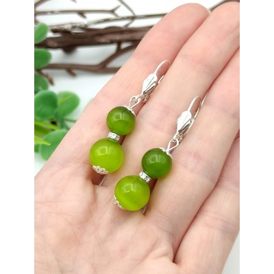Серьги с зелёным кошачьим глазом и фианитами