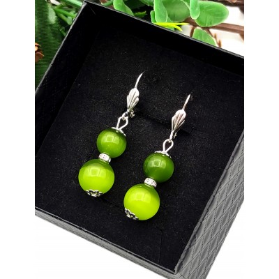 Серьги с зелёным кошачьим глазом и фианитами